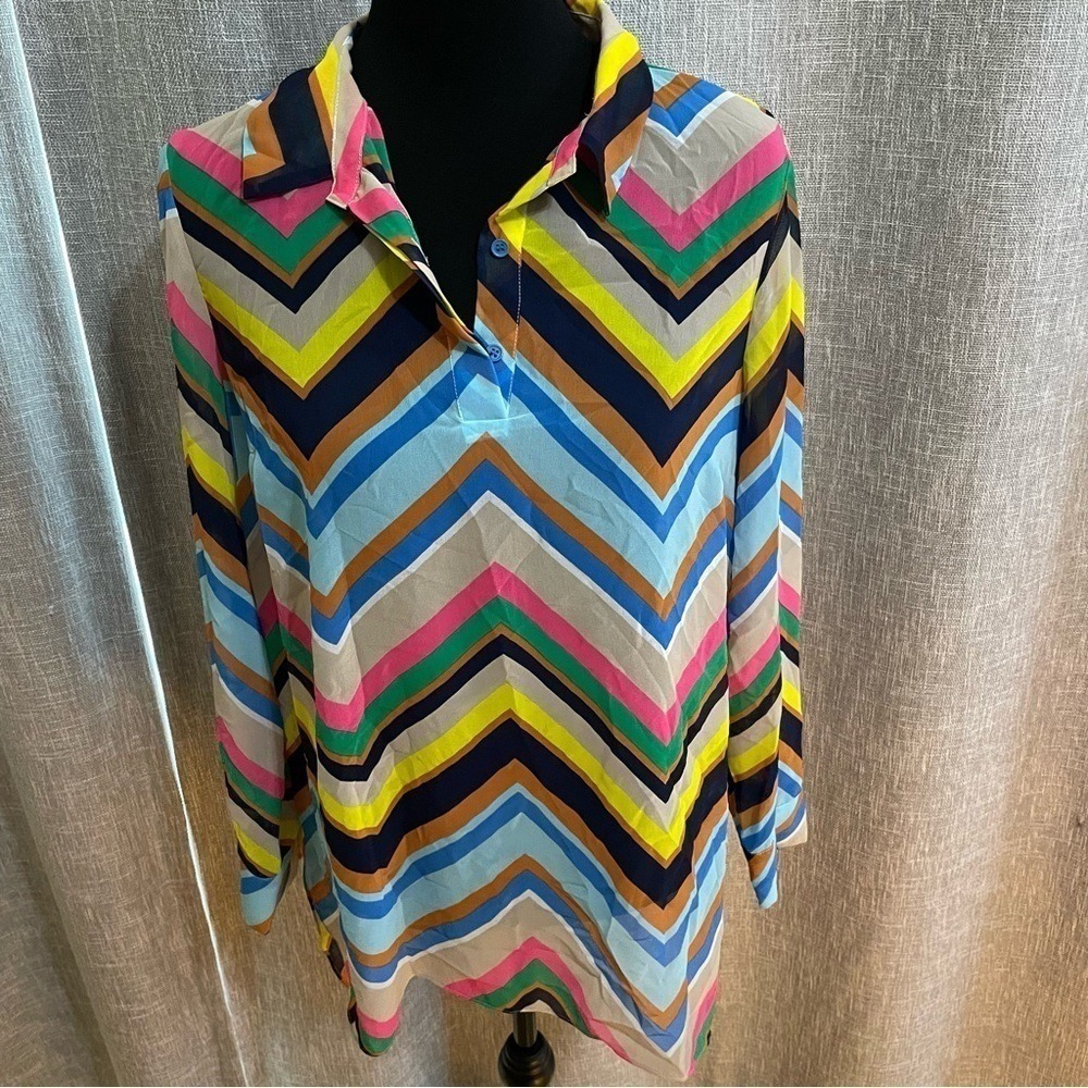 CeCe by Cynthia Steffe Chevron Tunic‎ Blouse S Multi Color Zigzag Sheer Hi-Low